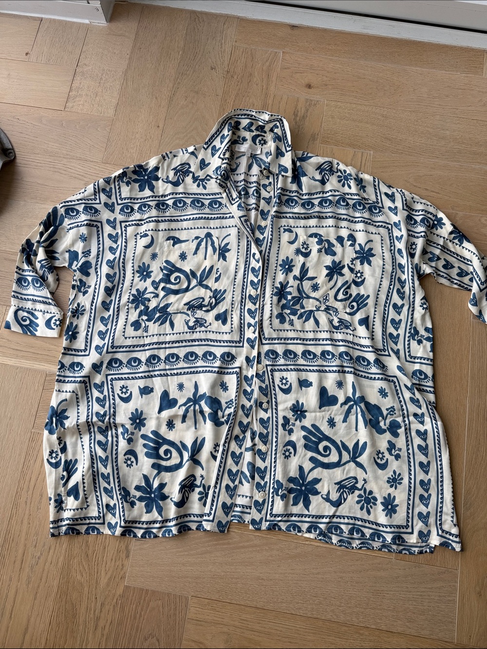 Corey Lynn Calter White and Blue Patterned Lightweight Shirt Dress